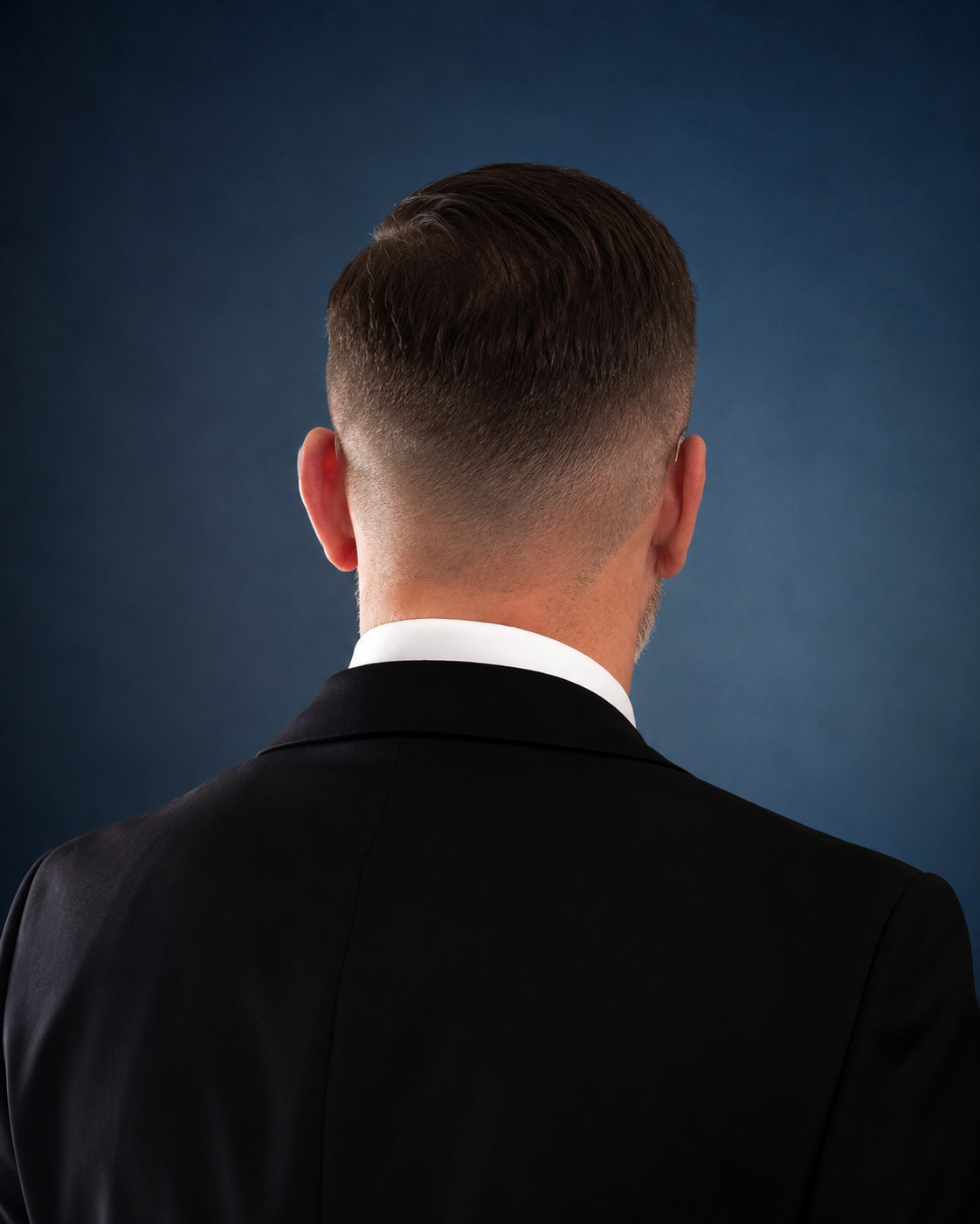 Nico Moretti — studio portrait from behind, sharp fade, black suit against deep navy background.